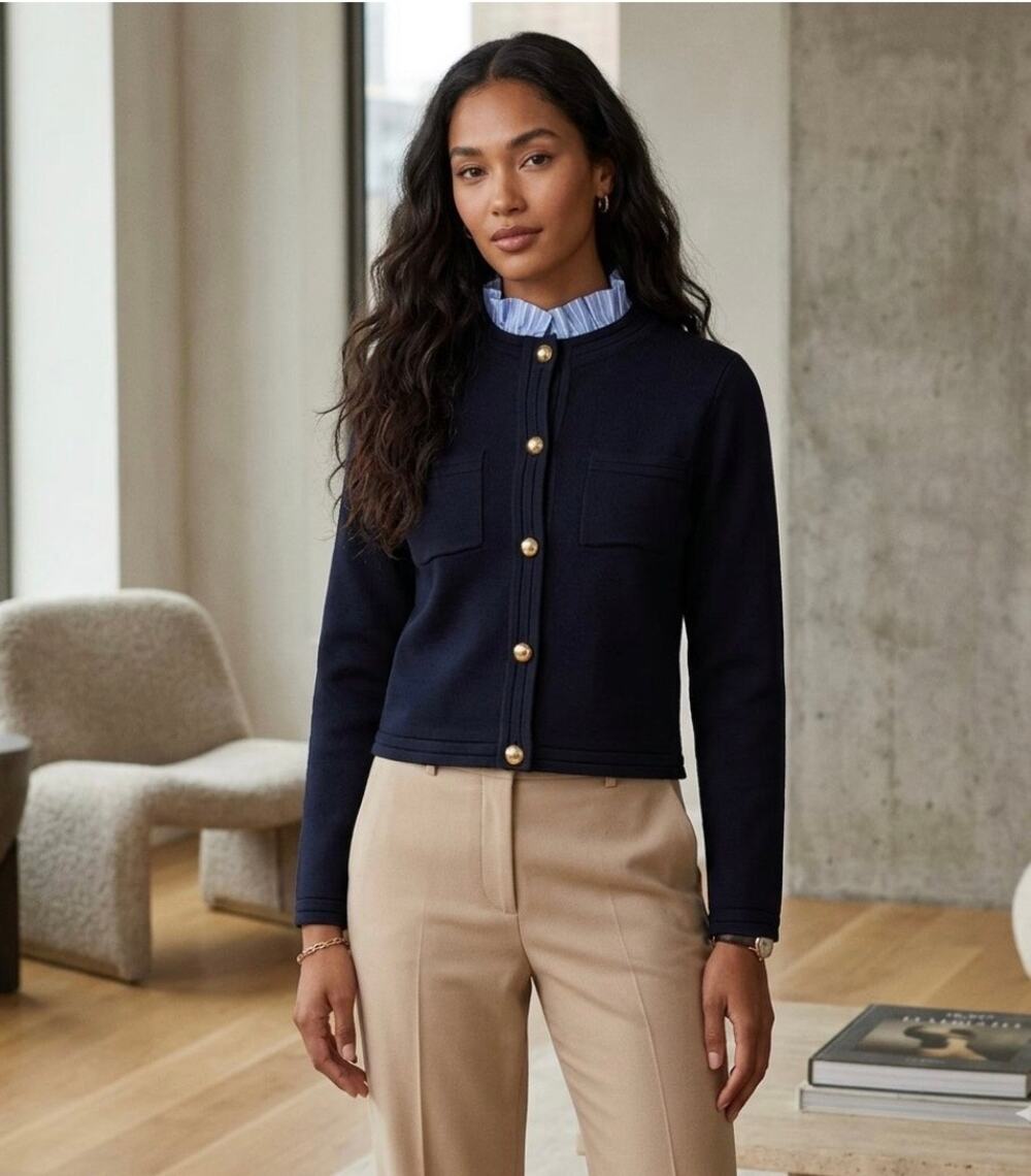 Women's Ruffle Neck Chest Pocket Cardigan.